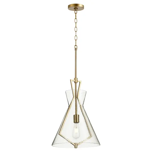 This single-light pendant combines blown stone-seeded glass with an aged brass finish for contemporary-chic appeal. The cone shade creates focused downlight while the textured glass adds visual interest. Adjustable hanging system offers installation flexibility. - alternate view