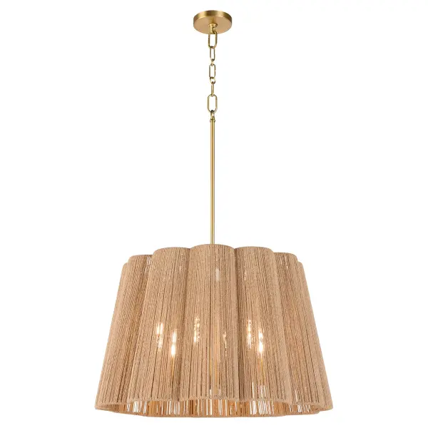 The Anton pendant beautifully combines organic natural fiber with contemporary design. Its scalloped drum shade creates warm, diffused lighting while the brushed brass finish and Figaro chain add refined sophistication. - alternate view