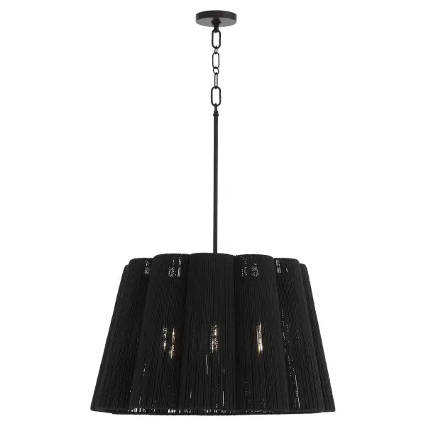 The Anton pendant beautifully balances organic warmth with contemporary design through its natural fiber-wrapped scalloped drum shade and sleek Matte Black finish. The Figaro chain adds refined detail while the 6-light configuration provides ample illumination. - alternate view