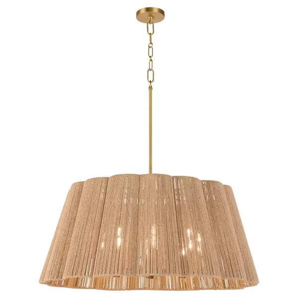 The ANTON 8-Light Pendant combines organic natural fiber with contemporary design, creating a warm, diffused glow perfect for dining and living spaces. The scalloped drum shade and Figaro chain add refined detail.