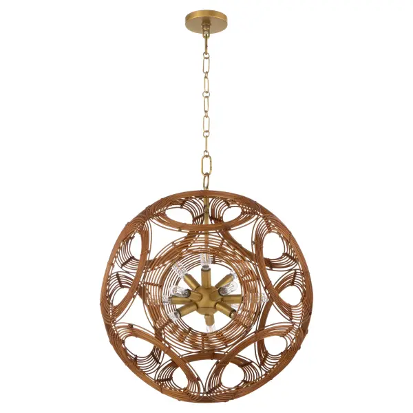 The Kalio 12-Light Pendant beautifully merges modernist globe design with natural materials, creating geometric harmony balanced by bold negative space. Its brushed brass finish and organic aesthetic bring inviting warmth to any space.