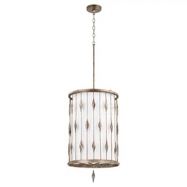 The Cordon pendant combines sophisticated traditional styling with practical functionality. Its open frame design features ornate leaf accents and a star-like silhouette, while the fabric shade and acrylic diffuser ensure even, spot-free lighting. Damp-rated for versatility.