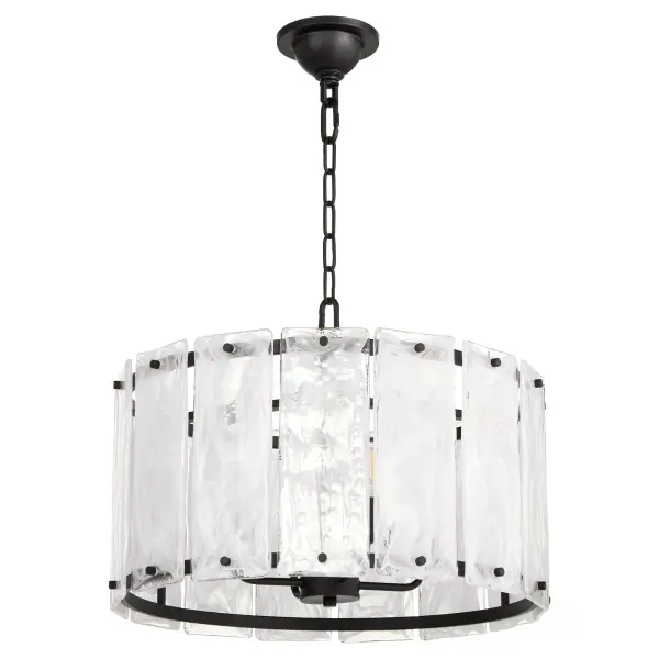 The Prestige pendant makes a bold architectural statement with its clear alabaster glass panels that resemble chiseled ice. The angular matte black frame and rectangular glass design create dramatic visual interest while diffusing light beautifully.