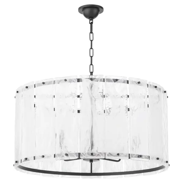 The Prestige pendant transforms any space with its striking clear alabaster glass panels that resemble chiseled ice. Eight candelabra lights create spectacular radiance through angular matte black frames with industrial screw details.