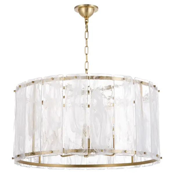 The Prestige 8-Light Pendant makes a dramatic impact with its clear alabaster glass panels resembling chiseled ice. Angular aged brass frames support rectangular glass panels with decorative screw details, creating spectacular radiance.