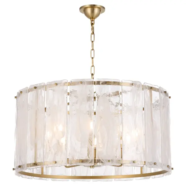 The Prestige 8-Light Pendant makes a dramatic impact with its clear alabaster glass panels resembling chiseled ice. Angular aged brass frames support rectangular glass panels with decorative screw details, creating spectacular radiance. - alternate view