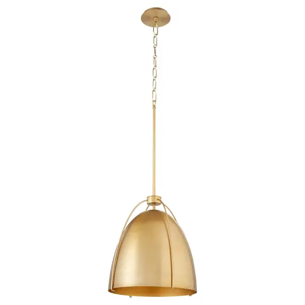 The Jamie pendant combines a sleek semi-egg-shaped shade with an elegant cage-like outer frame, creating visual interest and warm ambiance. The aged brass finish adds timeless sophistication to transitional and contemporary spaces.