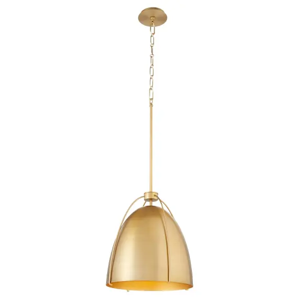 The Jamie pendant combines a sleek semi-egg-shaped shade with an elegant cage-like outer frame, creating visual interest and warm ambiance. The aged brass finish adds timeless sophistication to transitional and contemporary spaces. - alternate view