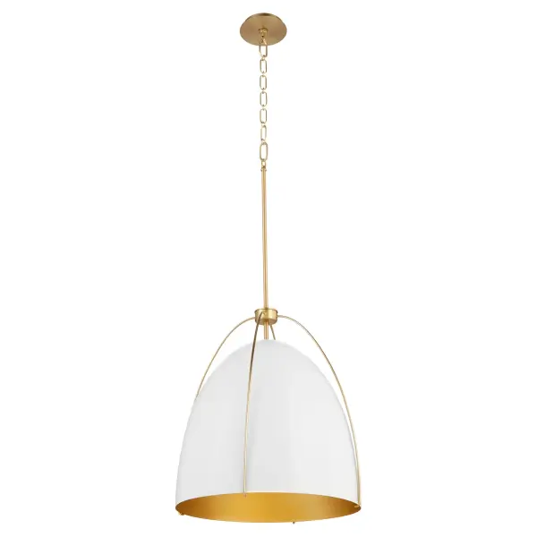 The Jamie pendant combines a sleek drum shade with an artistic cage frame, creating visual interest through its studio white and aged brass finish. Perfect for transitional spaces seeking warmth and modern elegance. - alternate view