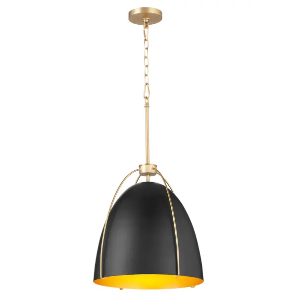 The Jamie pendant combines industrial cage detailing with transitional elegance through its matte black and aged brass finish. The 18-inch drum shade with decorative outer frame creates warm, inviting ambiance perfect for dining and entertaining spaces. - alternate view