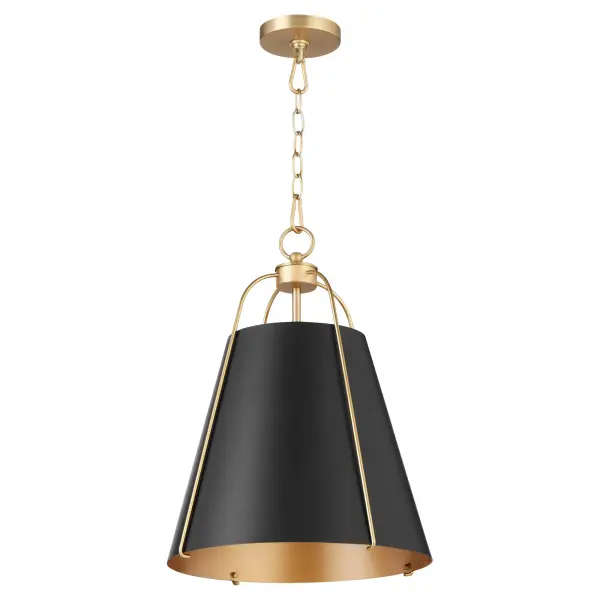 The Ellen pendant combines a sleek matte black drum shade with an aged brass cage frame, creating a sophisticated transitional look. Its 15-inch size makes it perfect for intimate spaces, while the dual-finish design adds visual interest.