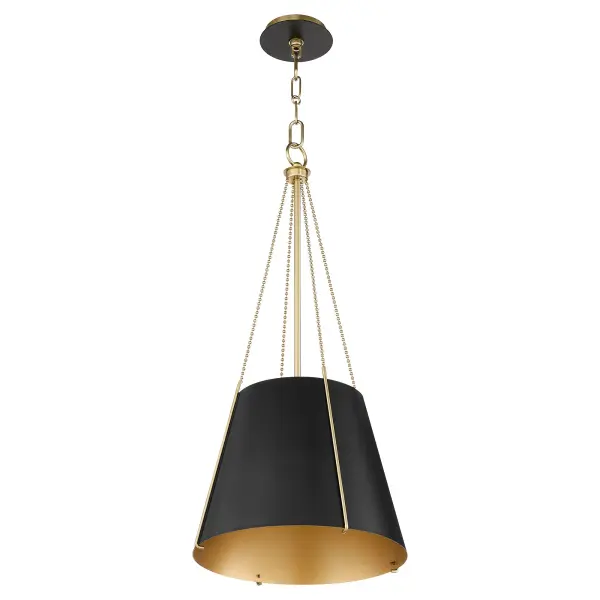 The Denise pendant combines classic drum styling with industrial cage detailing and decorative beaded chains. The matte black and aged brass duo-tone finish offers versatile sophistication for transitional interiors.