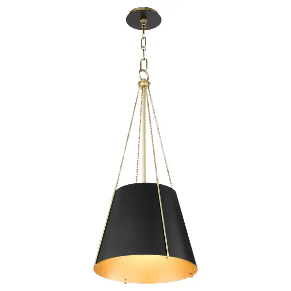 The Denise pendant combines classic drum styling with industrial cage detailing and decorative beaded chains. The matte black and aged brass duo-tone finish offers versatile sophistication for transitional interiors. - alternate view