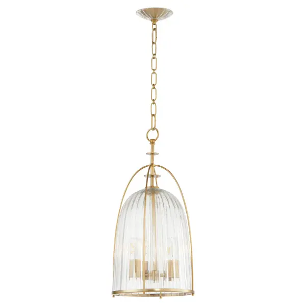 The Alice pendant combines vintage charm with modern versatility through its distinctive fluted glass shade and decorative cage frame. The aged brass finish adds warmth while the semi-egg shape provides excellent light diffusion.
