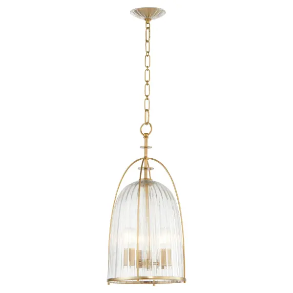 The Alice pendant combines vintage charm with modern versatility through its distinctive fluted glass shade and decorative cage frame. The aged brass finish adds warmth while the semi-egg shape provides excellent light diffusion. - alternate view