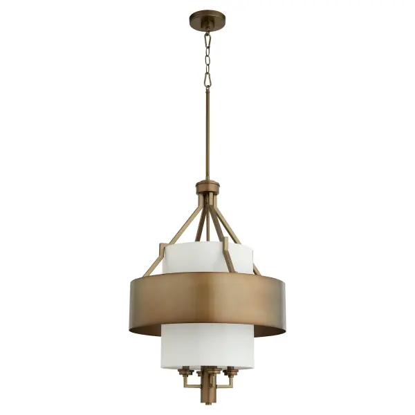 This 4-light pendant combines dark brass metalwork with a cream linen shade for a refined, versatile look. The angled arms and ring design create visual interest while the soft fabric shade diffuses light beautifully.