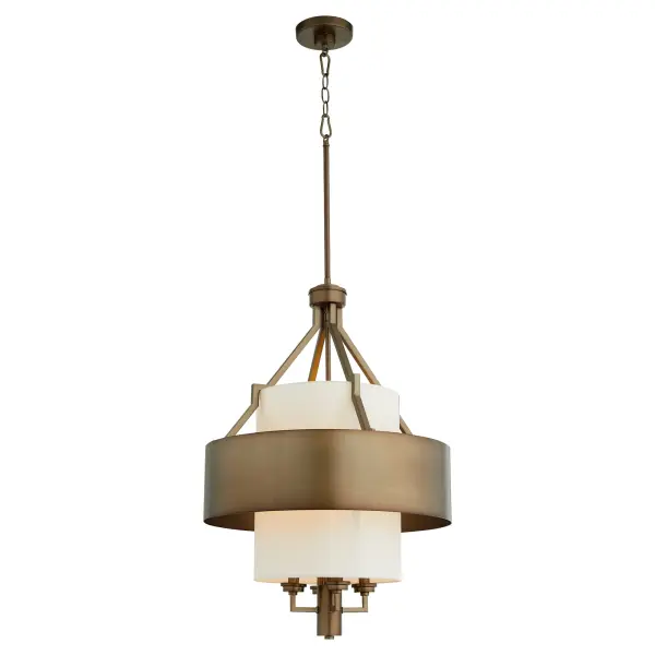This 4-light pendant combines dark brass metalwork with a cream linen shade for a refined, versatile look. The angled arms and ring design create visual interest while the soft fabric shade diffuses light beautifully. - alternate view