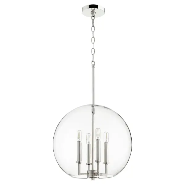 A sleek three-light pendant featuring a clear glass bowl shade and polished nickel finish. Height-adjustable design works beautifully clustered in living spaces or lined along hallways. Suitable for both indoor and covered outdoor areas.