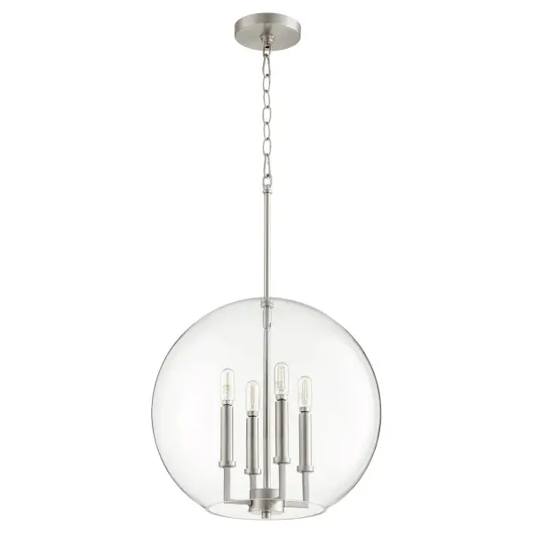 This three-light globe pendant combines sleek Satin Nickel finish with clear glass for a refined look that works indoors or in covered outdoor spaces. Height-adjustable chain mounting offers installation flexibility.