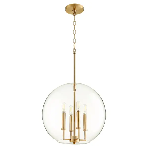 This transitional globe pendant combines classic styling with modern versatility. The clear glass bowl and aged brass finish create a sophisticated look that works indoors or in covered outdoor spaces.