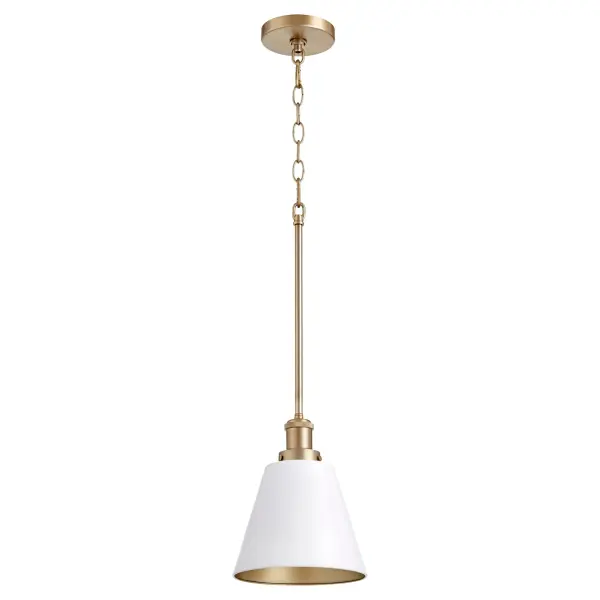 This eclectic single light pendant combines a white cone shade with aged brass accents for a sophisticated transitional look. Perfect for modern farmhouse kitchens or industrial-inspired spaces.