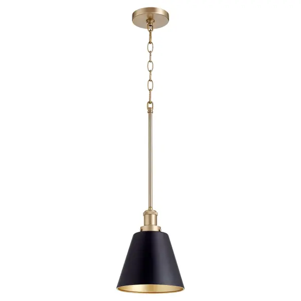 This eclectic one-light pendant blends modern industrial aesthetics with transitional warmth through its distinctive two-tone finish. The cone shade features opaque black exterior with aged brass interior, creating ambient glow while adding visual interest.