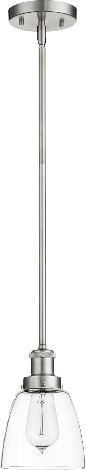 This satin nickel mini pendant combines timeless style with practical versatility. Its clear glass shade and sleek finish work seamlessly in kitchens, bathrooms, and hallways, while the adjustable rod system accommodates various ceiling types.