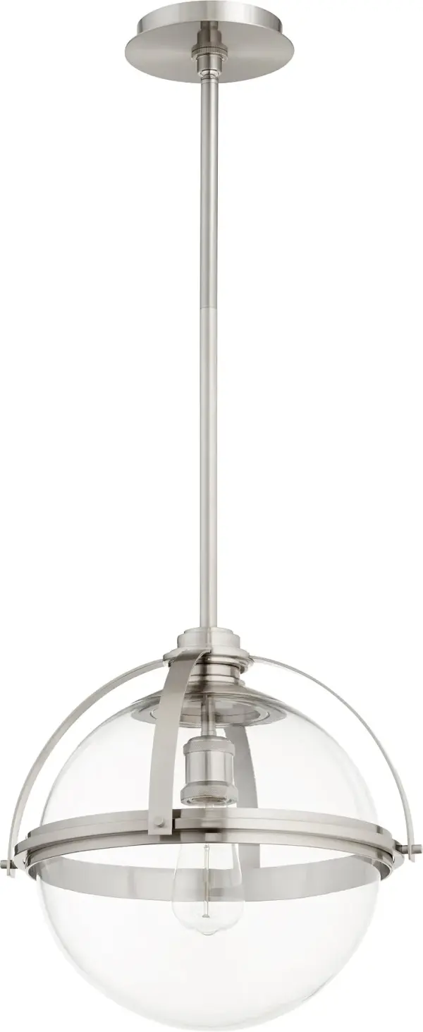 This versatile pendant features a clear glass sphere suspended in a refined satin nickel frame, offering clean lines and luminous clarity. Adjustable rod options accommodate various ceiling heights and slopes, making it adaptable to diverse spaces.