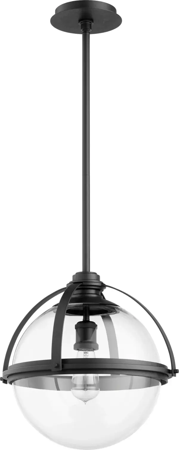 This striking pendant features a clear glass sphere suspended in a sophisticated black armature, offering timeless elegance with modern versatility. Adjustable rod options accommodate various ceiling heights and slopes.