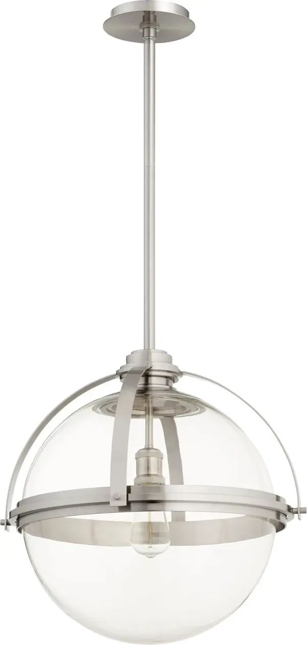 This elegant pendant features a clear glass sphere suspended in a satin nickel frame, offering versatile lighting with adjustable height options. Perfect for transitional spaces seeking refined simplicity.