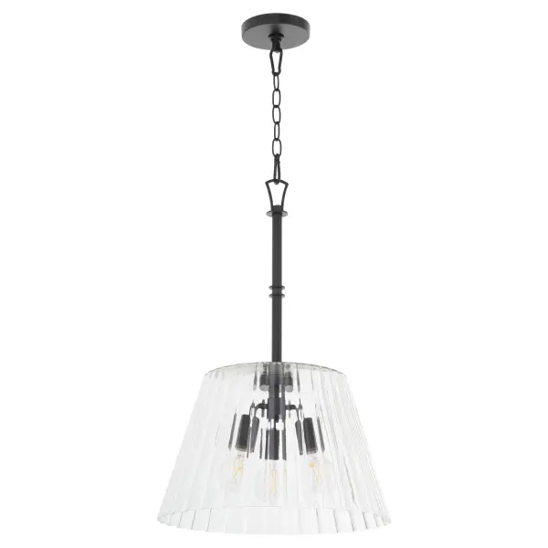 The Lawton pendant blends Early American and European design influences with contemporary finishing. Its pleated conical glass shades and ramped arms create visual interest while the matte black finish adds modern sophistication.