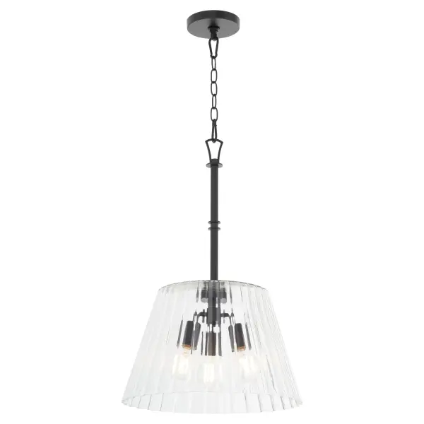 The Lawton pendant blends Early American and European design influences with contemporary finishing. Its pleated conical glass shades and ramped arms create visual interest while the matte black finish adds modern sophistication. - alternate view