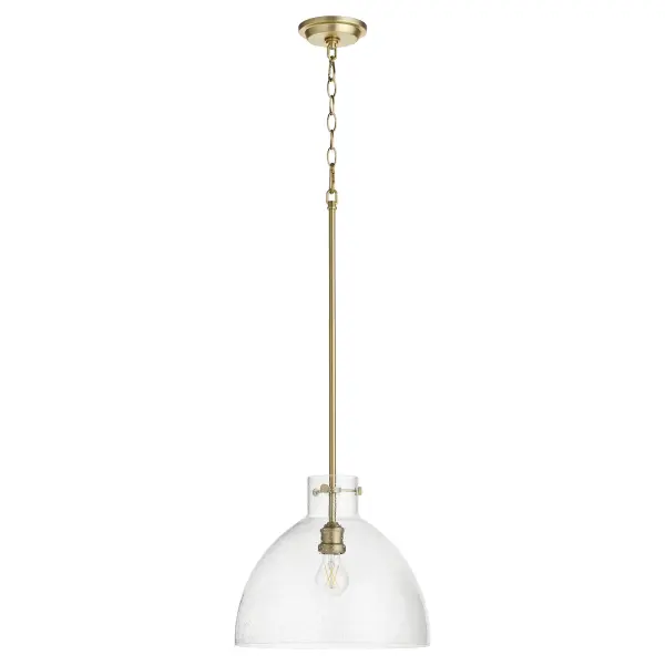 This 14-inch dome pendant combines clear seeded glass texture with aged brass hardware for a refined vintage aesthetic. The exposed bulb design and adjustable chain make it versatile for kitchens, dining areas, and entryways.