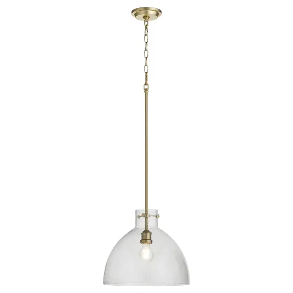 This 14-inch dome pendant combines clear seeded glass texture with aged brass hardware for a refined vintage aesthetic. The exposed bulb design and adjustable chain make it versatile for kitchens, dining areas, and entryways. - alternate view
