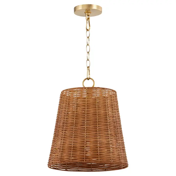 The Robinson pendant combines natural cane weave with aged brass for a sophisticated farmhouse look. Its 13-inch tapered drum shade provides focused lighting while adding organic texture, perfect for modern farmhouse or coastal interiors.