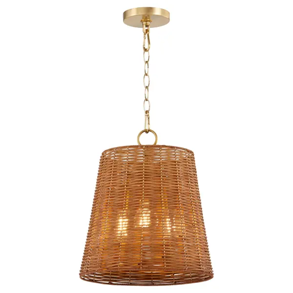 The Robinson pendant combines natural cane weave with aged brass for a sophisticated farmhouse look. Its 13-inch tapered drum shade provides focused lighting while adding organic texture, perfect for modern farmhouse or coastal interiors. - alternate view