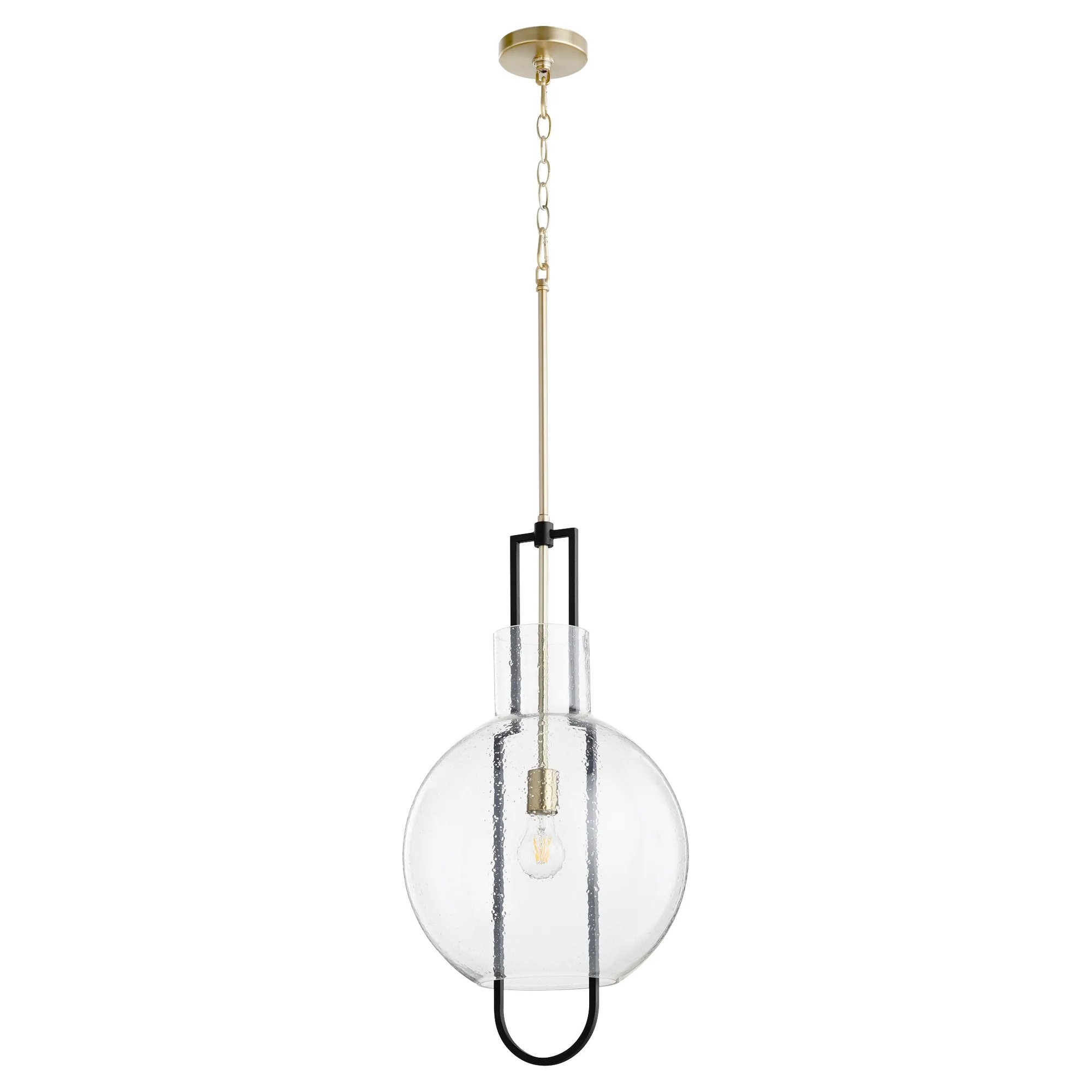 Stone Seeded Glass Globe Pendant in Black and Aged Brass