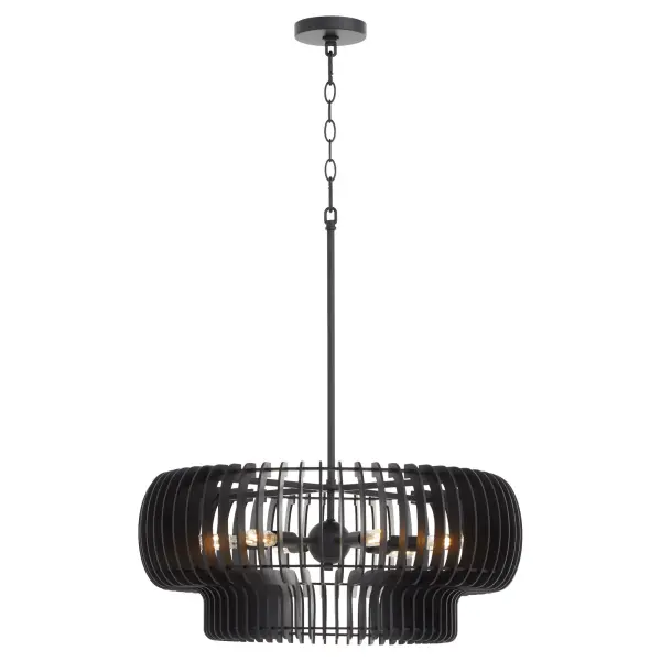 The Harrelson pendant brings clean Scandinavian minimalism to modern spaces with its rhythmic curvilinear design. Six lights provide ample illumination with soft diffusion, while the matte black finish adds contemporary sophistication. - alternate view