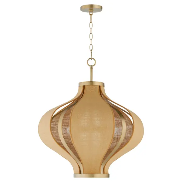 The Monroe pendant combines classic Arabesque geometry with contemporary woven cane detailing, creating atmospheric warmth and visual interest. The aged brass finish adds timeless elegance while the textured shade provides soft, diffused lighting perfect for intimate dining or gathering spaces.