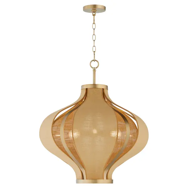 The Monroe pendant combines classic Arabesque geometry with contemporary woven cane detailing, creating atmospheric warmth and visual interest. The aged brass finish adds timeless elegance while the textured shade provides soft, diffused lighting perfect for intimate dining or gathering spaces. - alternate view