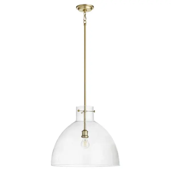 This 18-inch dome pendant combines timeless seeded glass texture with aged brass hardware for a refined yet approachable aesthetic. The exposed bulb design and adjustable chain make it adaptable to various ceiling heights and interior styles.