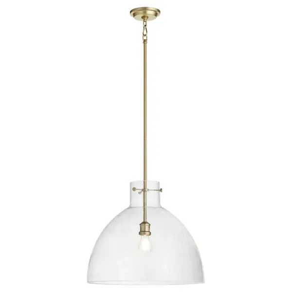 This 18-inch dome pendant combines timeless seeded glass texture with aged brass hardware for a refined yet approachable aesthetic. The exposed bulb design and adjustable chain make it adaptable to various ceiling heights and interior styles. - alternate view