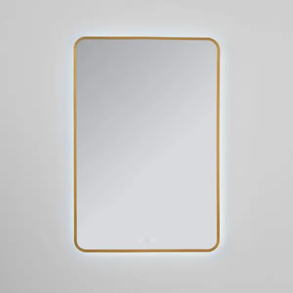 The Aero LED Mirror combines elegant brushed brass finish with smart lighting features. Adjustable color temperature (2700K-6500K) and dimmable ambient backlighting create the perfect atmosphere for any task or mood. - alternate view