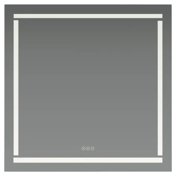 The Lingo LED Mirror combines contemporary design with smart functionality. Four frosted areas create visual interest while adjustable color temperatures (2700K-6500K) and dimming provide perfect lighting for any task. Built-in anti-fog technology ensures clarity in steamy bathrooms. - alternate view