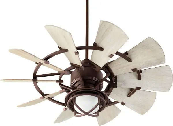 The Windmill ceiling fan delivers exceptional performance with its 6-speed DC motor and impressive 2574 CFM airflow. The distinctive wagon wheel blade design with 30-degree pitch creates a bold focal point while efficiently cooling large spaces. - alternate view