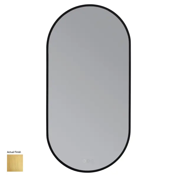 The Pildora LED mirror combines modern design with practical features including built-in anti-fog technology, adjustable color temperature (5CCT), and dimmability. Its distinctive pill-shaped silhouette adds architectural interest.
