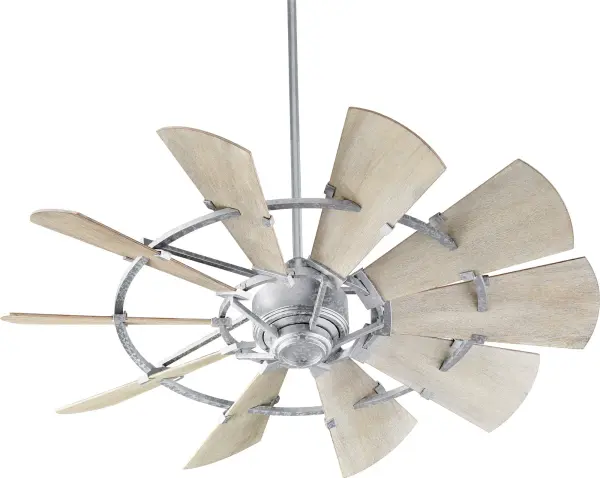 The Windmill 52" fan delivers exceptional performance with its 10-blade wagon wheel design and impressive 2881 CFM airflow. The galvanized finish and rustic aesthetic make it a stunning focal point for spacious rooms.