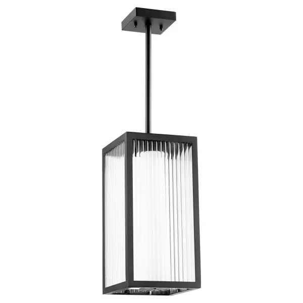 The Maestro pendant combines contemporary design with efficient LED technology. Its layered glass design—frosted shade within clear fluted exterior—creates visual depth while the noir finish adds sophistication.