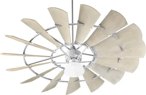The Windmill ceiling fan delivers exceptional performance with its 2826 CFM airflow and unique 30-blade wagon wheel design. Perfect for large spaces needing both style and function, this oversized fan combines rustic charm with modern DC motor efficiency. - alternate view