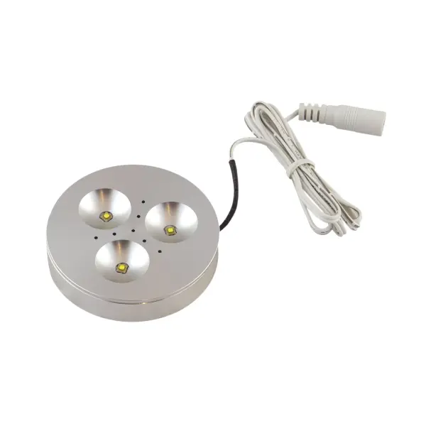 TRIANT LED Puck Light - 12V, 6200K, 74 CRI, Brushed Aluminum Collection: Triant Finish: Brushed Aluminum Width: 0.53" Length: 2.72" Color Temperature: 6200 K CRI: 74 Voltage: 12.00 V Safety Rating: UL Manufacturer Warranty: 3 Years